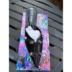 Cape Robbin Vivianly Black Studded Buckle Pointed Toe Kitten Heel Mules Size 8